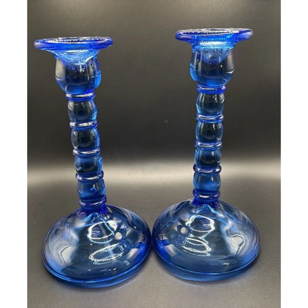 Vintage Cambridge Ritz Blue 8” Uranium Glass Pair of Candlestick Holders READ